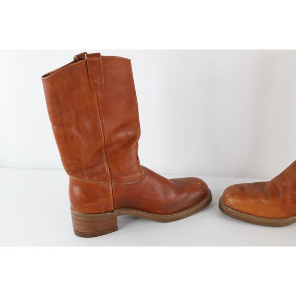 Vtg 70s Mens 8.5 E Distressed Steel Toe Leather Western Cowboy Boots Brown USA main image 4